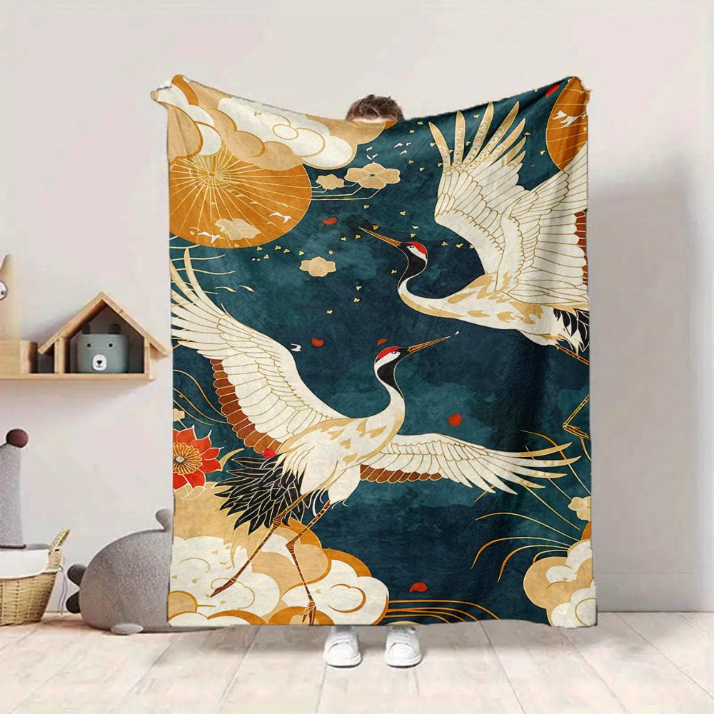 1pc Cranes Flowers Lightweight Flannel Blanket, Comfortable and Warm Blanket, for Office and Camping Sofa Bed, Livingroom076