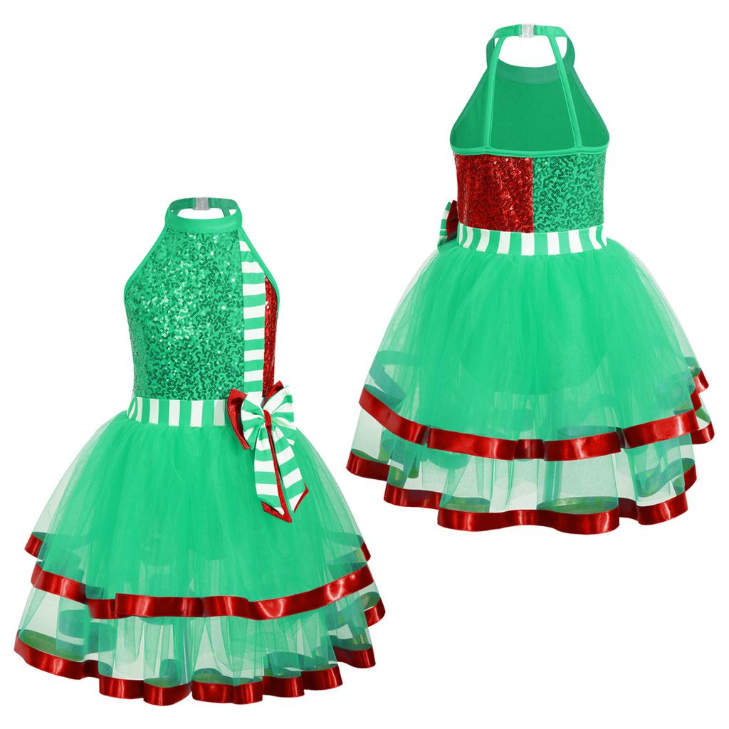 Kids Girls Christmas Elf Costume Sequins Ballet Tutu Leotard Dance Dress Figure Ice Skating Performance Outfit