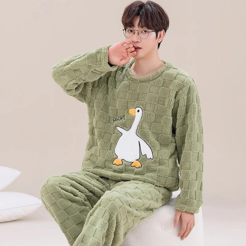 Autumn and Winter Flannel Pajamas Men's Thicken Coral Fleece Youth Student Warm Korean Pijamas Casual Loungewear