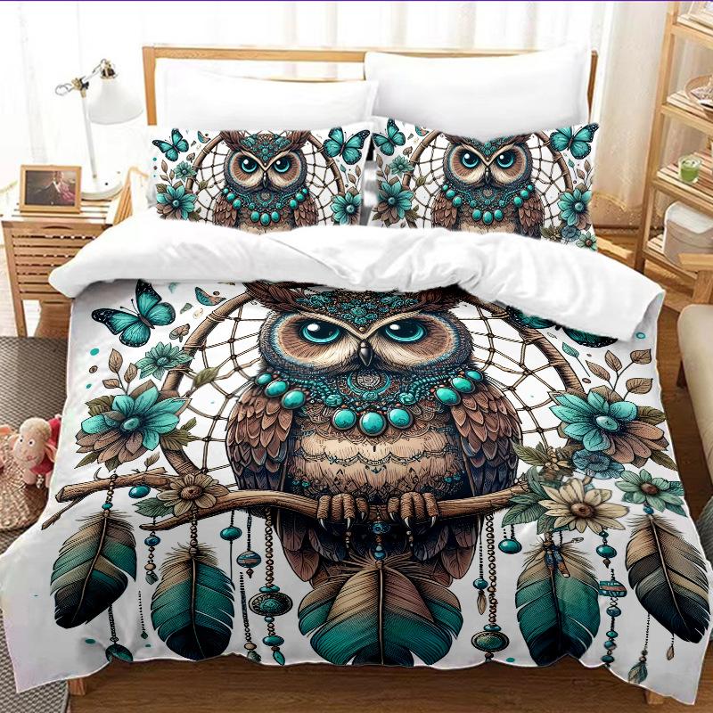 Сова 3D Цифровая печать Набор из трех предметов Приятный к коже Дышащий Пододеяльник Постельное белье для общежития