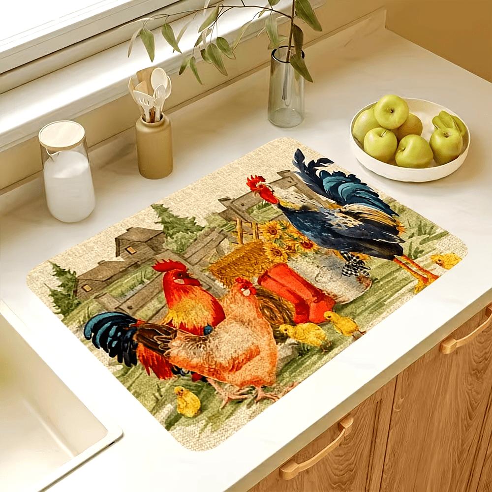 1 шт. резиновый коврик для сушки с ретро-принтом курицы для кофейни, ресторана, кухни, ковра, посуды, прочного диатомового грязевого коврика для стола, коврика для домашних животных, кофейной посуды