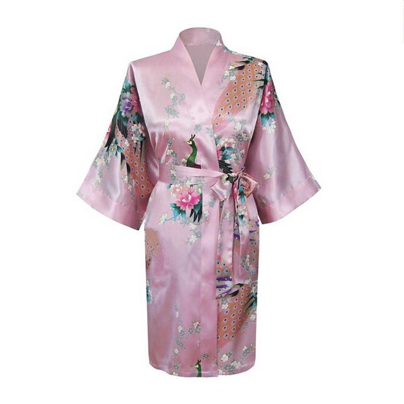 Women's Japanese-style Kimono Pajamas Short-sleeved Women's Printed Peacock Long Nightgown Simulation Silk Bathrobe
