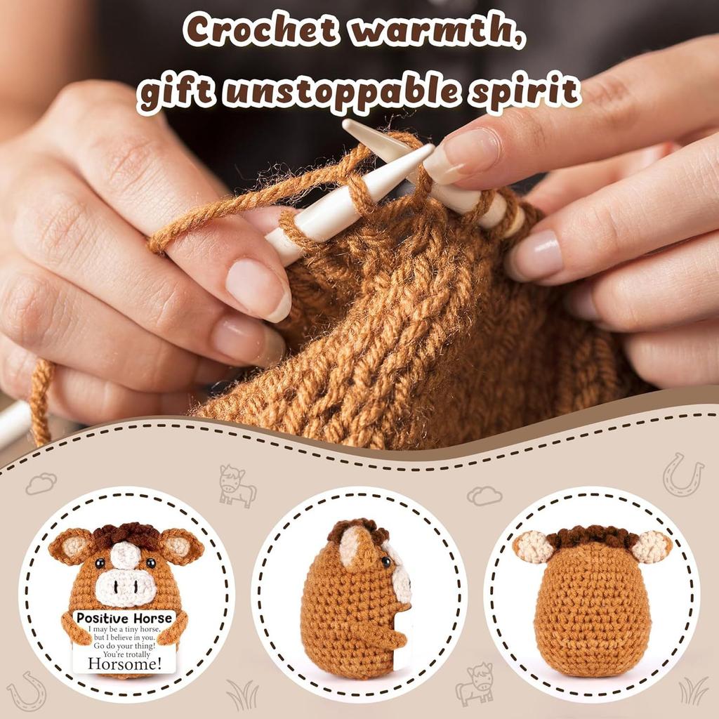 Funny Crochet Emotional Support Horse Doll With Card Desktop Ornament Handmade Knitted Horse Dolls Christmas Gifts Home Decor