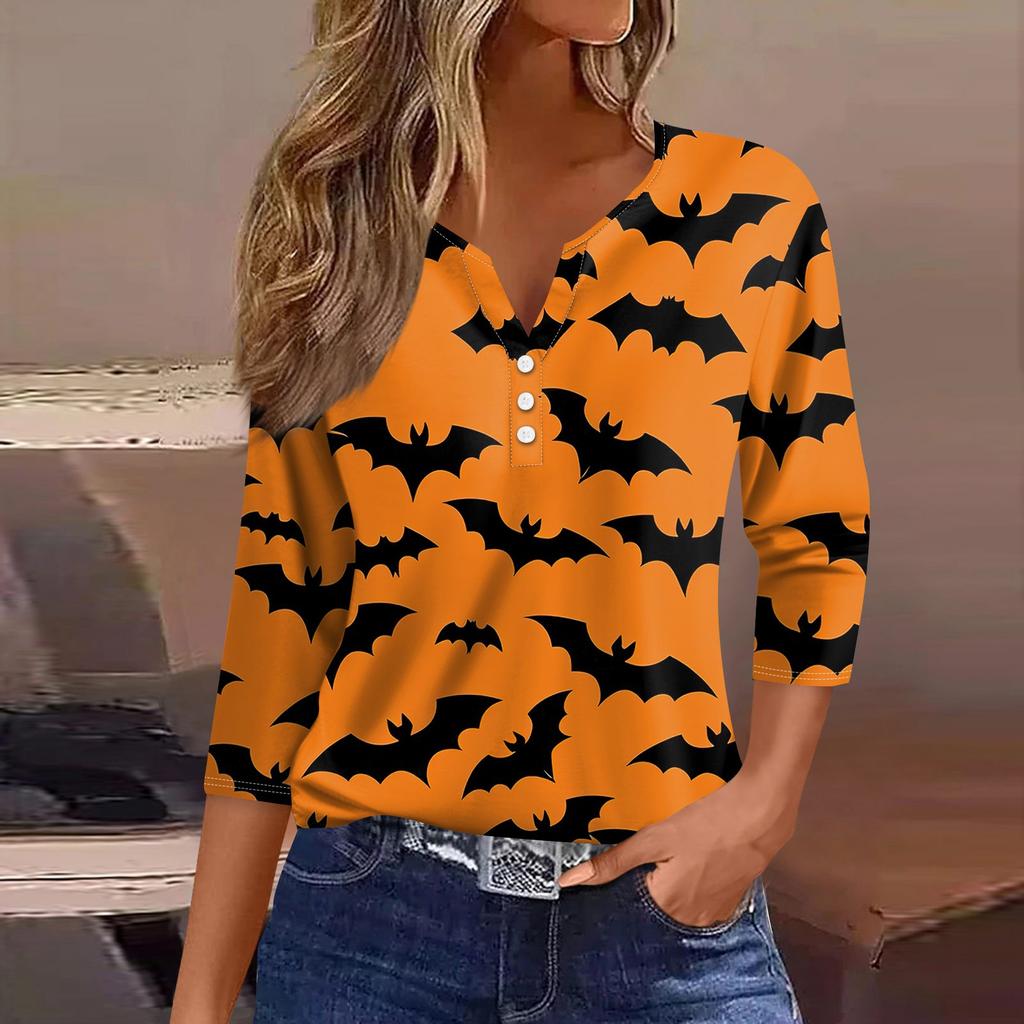 Жен. Футболка Футболка С принтом Пуговицы Рукав 3/4 Повседневные Выходные Мода Классический V-образный вырез Обычный Топ