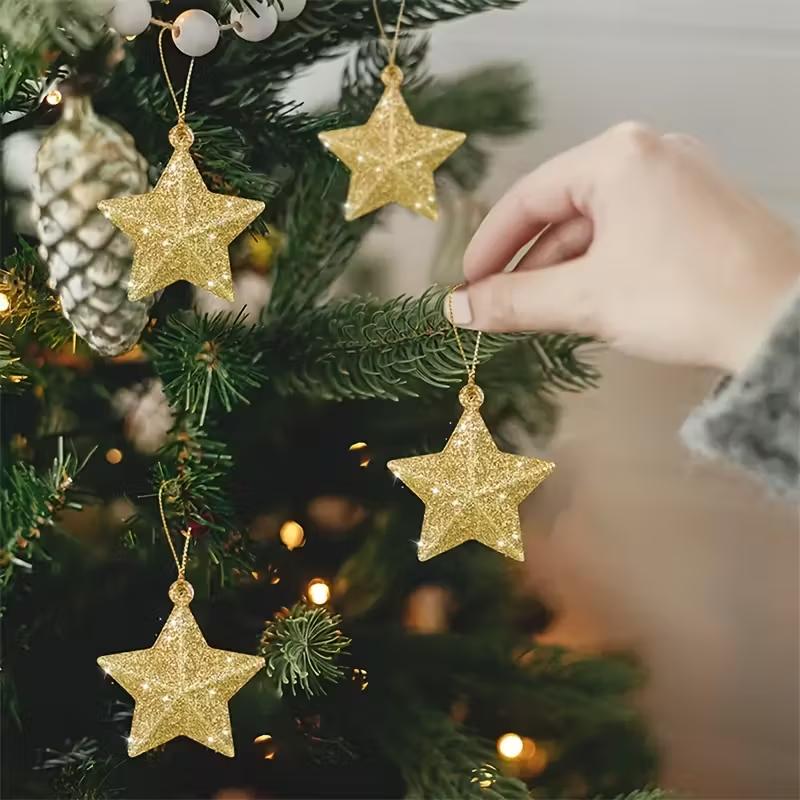 12/24pcs Gold Glitter Star Ornaments Xmas Tree Hanging Pendant 2026 Christmas Decorations for Home New Year Party DIY Gifts