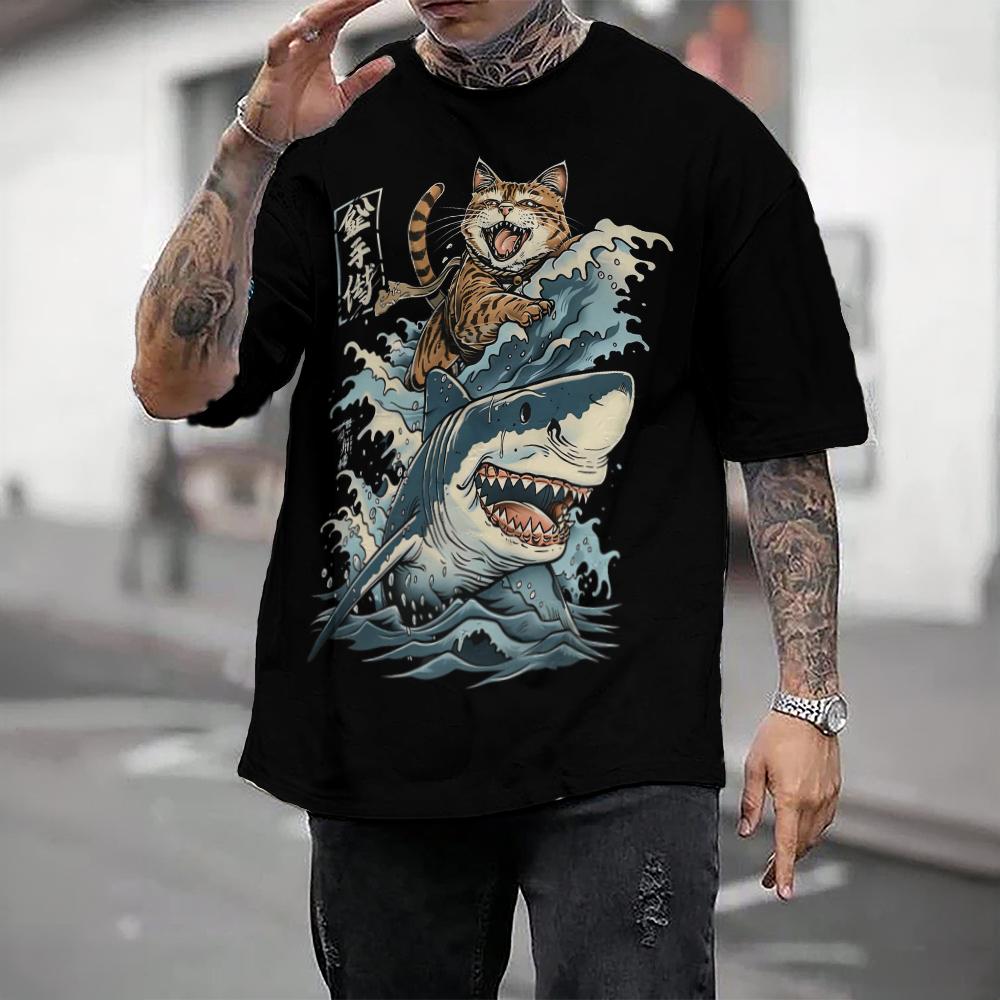 Японская мужская футболка Ukiyo-E и футболка с принтом кота, повседневные свободные футболки с короткими рукавами, мужская одежда большого размера, топы