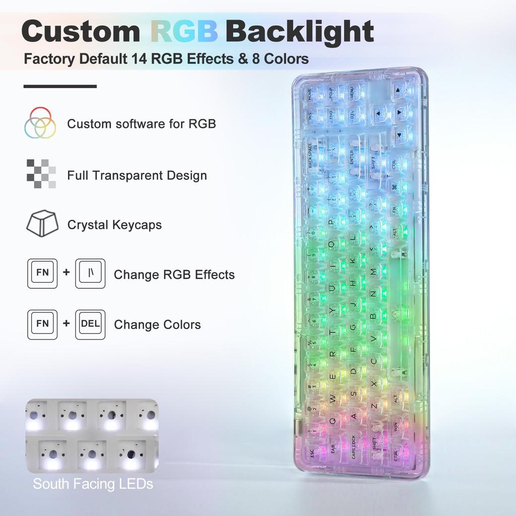 Механическая игровая клавиатура YUNZII X71 с прозрачными клавишами, раскладкой из 71 клавиши, беспроводной, с возможностью горячей замены, с прокладкой, оснащенной RGB-подсветкой для технического обслуживания