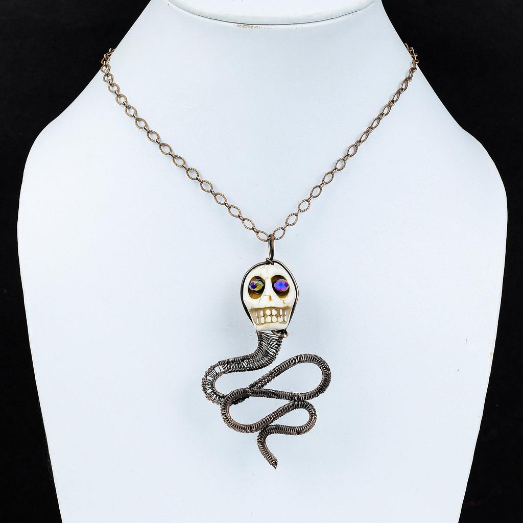 Подвеска из говлита, медная проволока, обернутая подвеска, череп, кость, кулон для лица, титановая бусина, глаза, ювелирные изделия, кулон с драгоценным камнем, ювелирные изделия из медной проволоки ручной работы