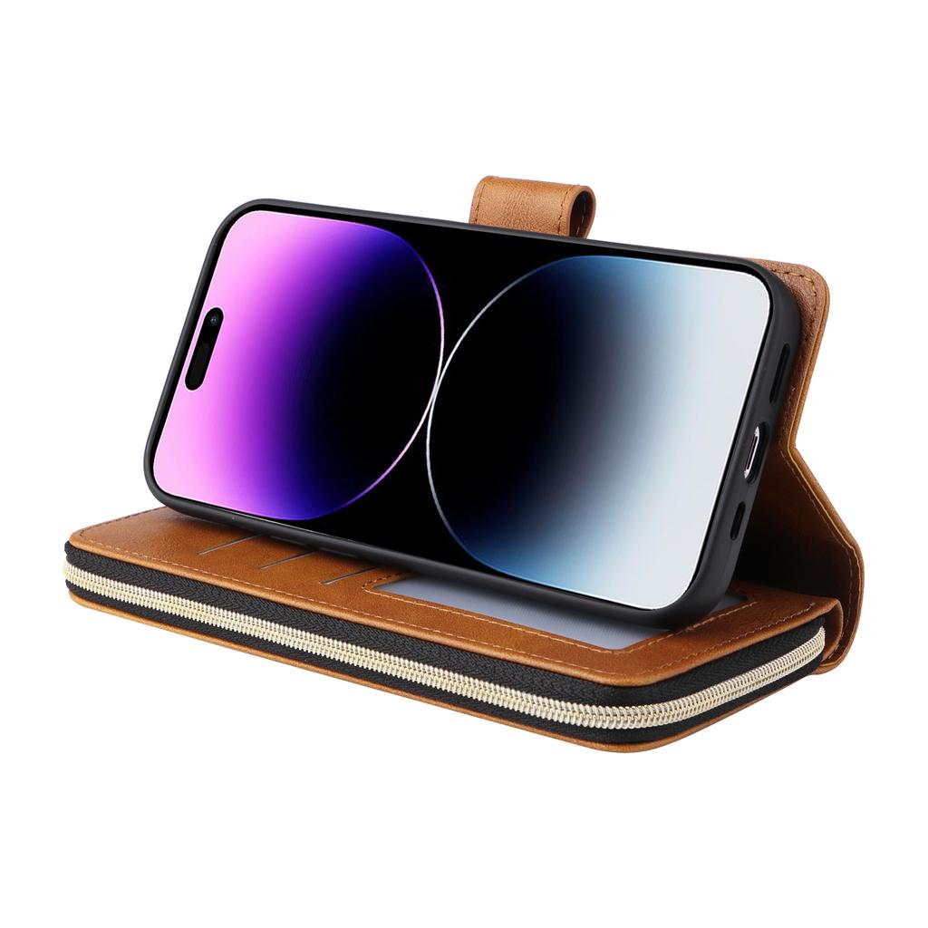 For iPhone 15 Pro Cases 9 Card Slots PU Leather Wallet Zippered Phone Stand Cover