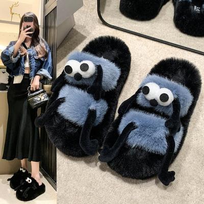 Зимние меховые тапочки с открытым носком, женские, милые, пушистые, с рисунком из мультфильмов, домашние тапочки, шлепанцы для дома, на платформе, женские туфли