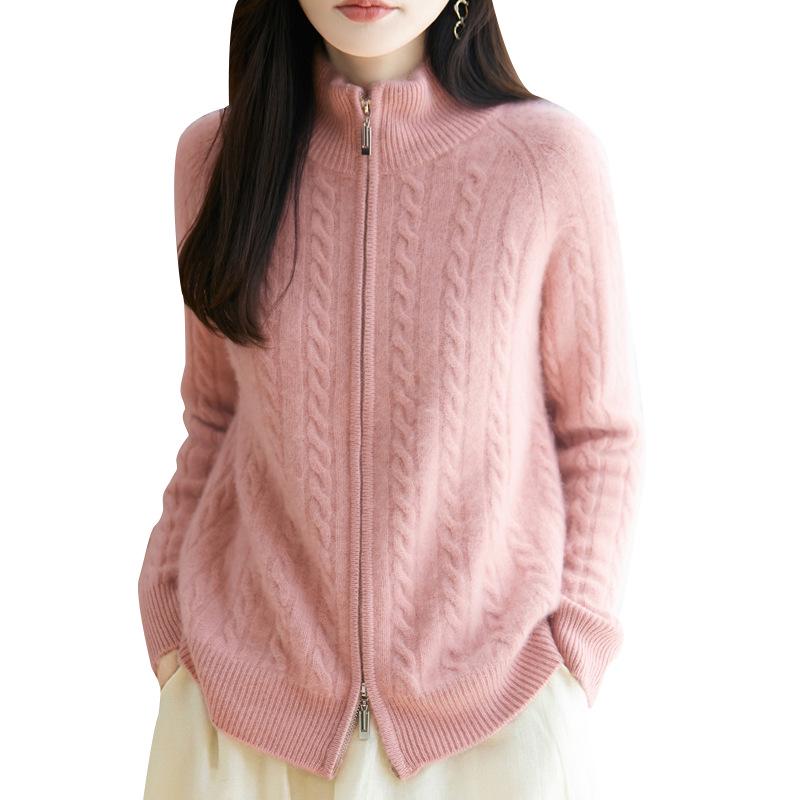 Women's Pure Wool Stand Collar Zipper Cardigan – Loose, Slimming, Skin-Friendly, Soft & Fluffy Knit Sweater for Autumn/Winter