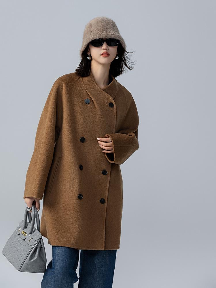 2025 Autumn/Winter Women's Stand Collar Double-Faced Medium Cocoon Alpaca Wool Coat