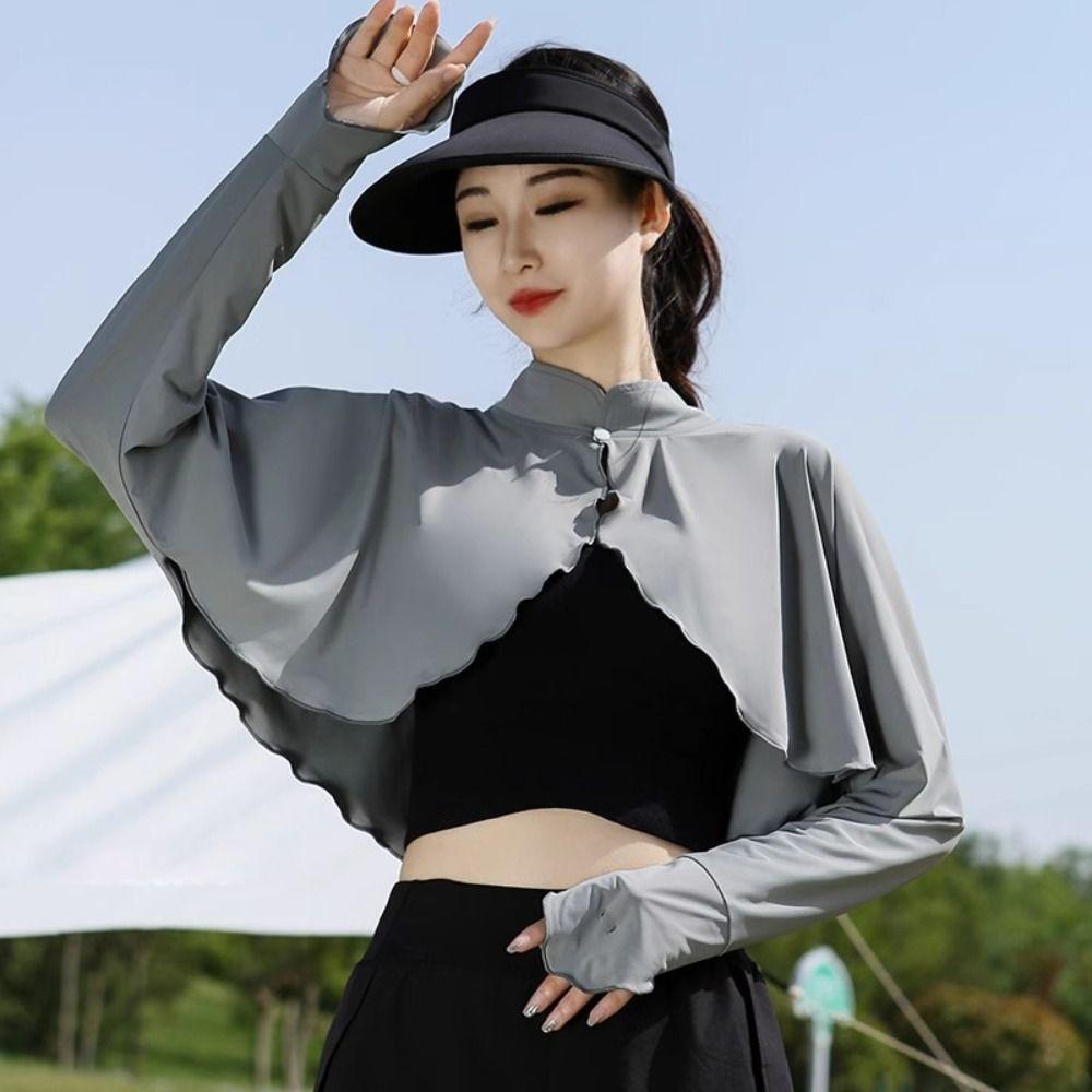 Solid Color Sun Protection Clothing Long Sleeve Ice Silk Cape Long Sleeve Crop Top Sun Protection
