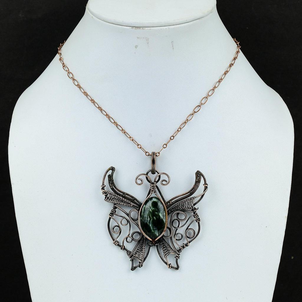 Подвеска из серафинита, медная проволочная обертка, ювелирное изделие ручной работы, кулон в виде бабочки, оригинальное ювелирное изделие из драгоценных камней, медная проволочная обертка, кулон, подарки для жены