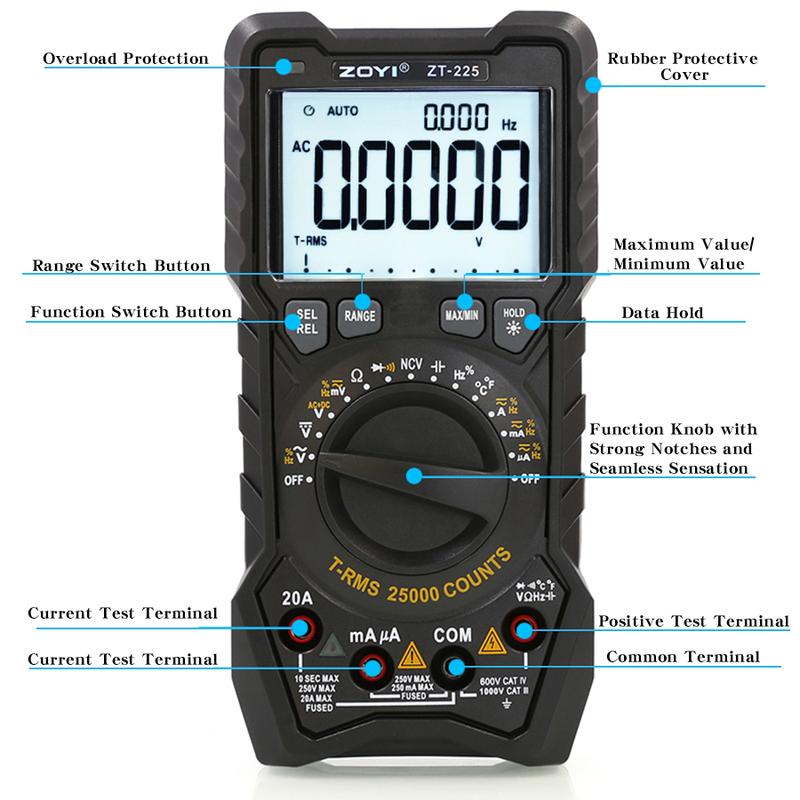 ZOYI 25000 counts ZT-225 high-precision automatic range intelligent multimeter electrician anti-burn maintenance universal