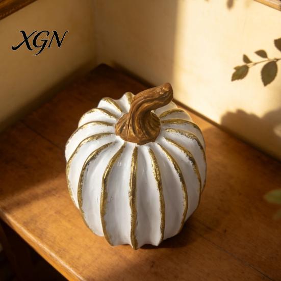 Thanksgiving Home Decor Fall Pumpkin Decor, White Gold Decorative Pumpkin, Resin Pumpkins Modern Ornament Figurine, Statues for Tabletop Centerpiece