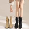 Модные, хит продаж, зимние, высококачественные, женские сапоги, модные, однотонные, с круглым носком, на среднем каблуке, с рукавами, универсальные, женские, короткие сапоги