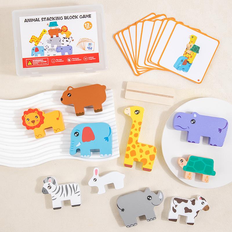 Wooden Animal Stacking Block Game Shape Matching Puzzle Balance Toy Montessori Fine Motor Training Educational Toys For Children