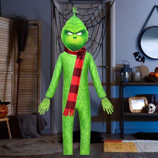 1 Set Children Halloween Jumpsuit Green Furry Animal Cosplay Costume Includes Masque Gloves Scarf Set