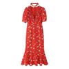 Kaslead New Women clothes Western Style Fashion with Collar Puff sleeve Strip Drawing Decoration Print Dress