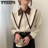 Vintage Elegant Shirts Women Chiffon Patchwork Ruffle Turn Down Collar Long Sleeve Blouse Office Lady Loose Tops