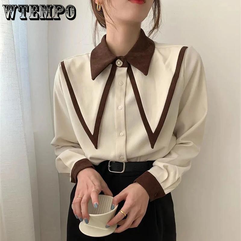 WTEMPO Vintage Elegant Shirts Women Chiffon Patchwork Ruffle Turn Down Collar Long Sleeve Blouse Office Lady Loose Tops