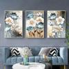 Golden Blue Flowers Nordic Poster Modern Abstract Wall Art Print Canvas Painting Wall Pictures for Living Room Home Decoration