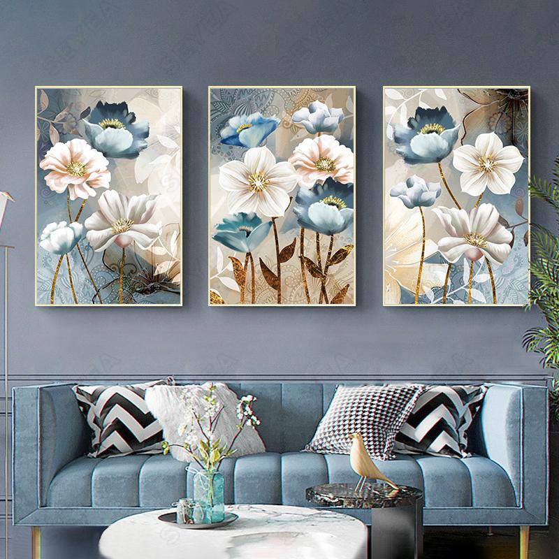 Golden Blue Flowers Nordic Poster Modern Abstract Wall Art Print Canvas Painting Wall Pictures for Living Room Home Decoration