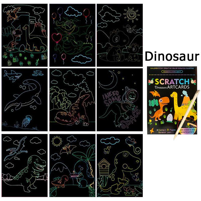 1Book Magic Rainbow Color Cartoon Scratching Paper 9PCS/Set DIY Scratch Graffiti Card Kit School Rewards Gift Party Souvenir ZYF