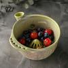 Strawberry Washing Tool Ceramic Berry Bowl with Drainage Hole, 360 Degree Self Rinse Basket Rinsing Fruit Bowl, Fresh Vegetable Cleaning Strainer