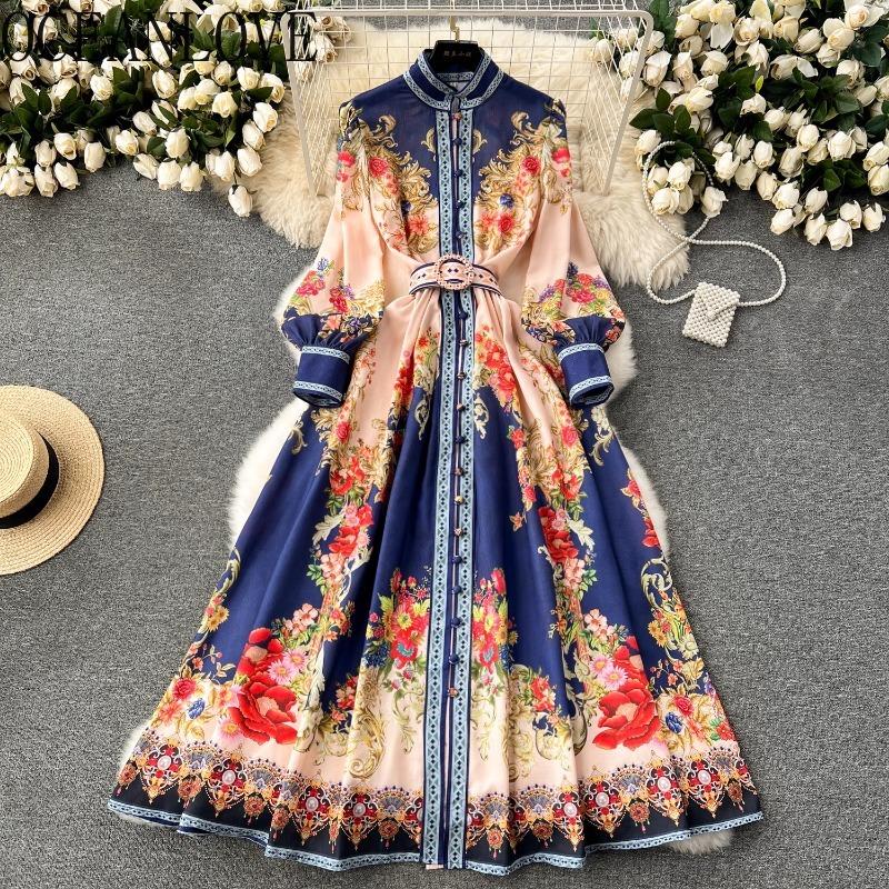 Fahison новые однобортные женские платья с принтом во французском стиле, весенне-осенние длинные платья, винтажное вечернее платье трапециевидной формы для женщин