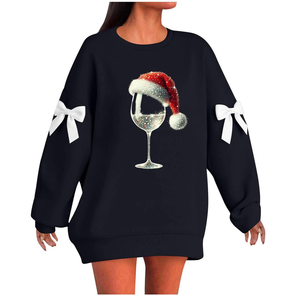 Ladies' Christmas Printed Bow Round Neck Long Sleeved Loose Pullover Sweater Sweatshirt Top