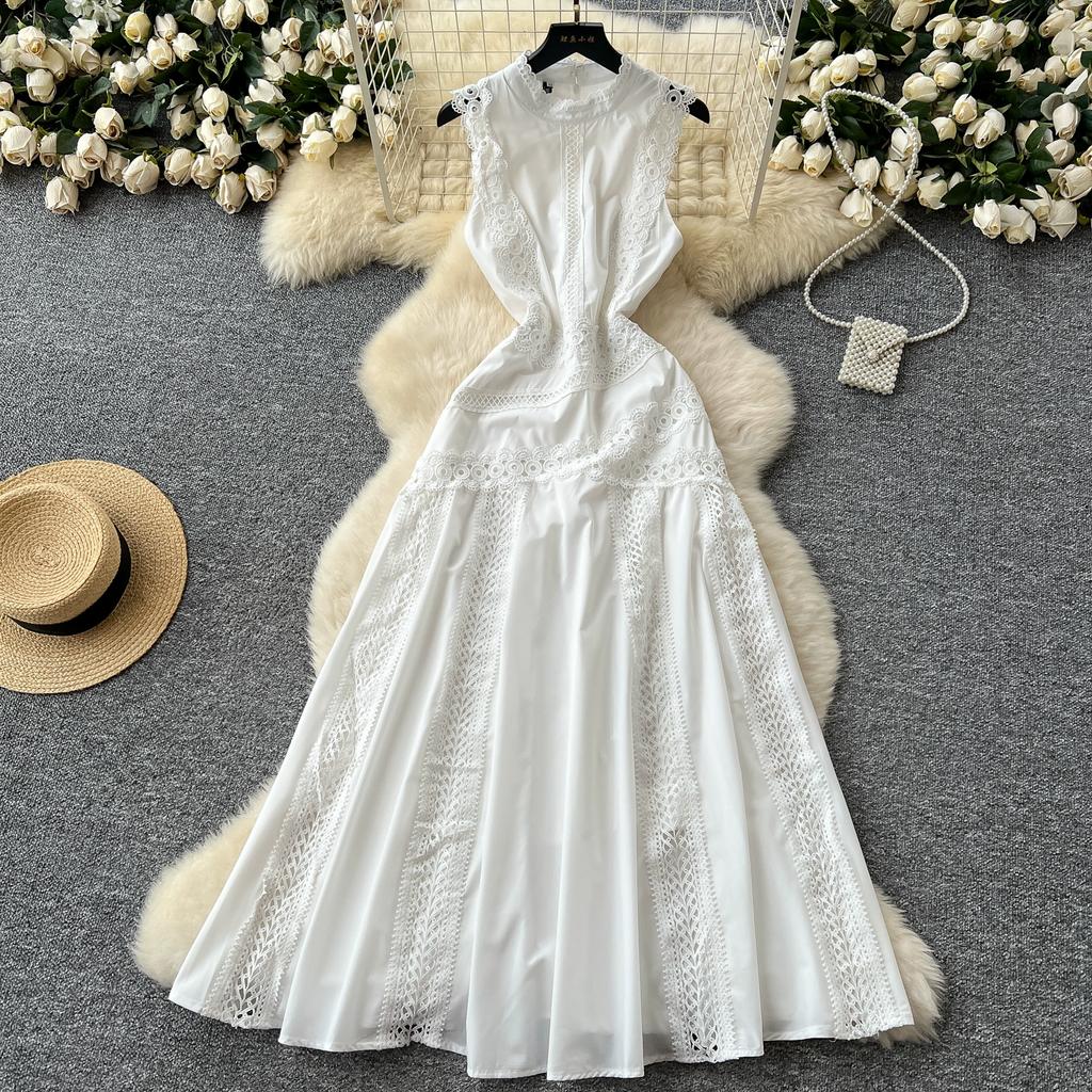 Летние женские элегантные без рукавов ажурные вышитые кружевные пэчворк длинные макси тонкие вечерние платья