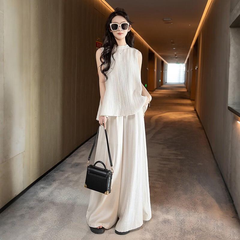 Женский комплект из смешанного льна: свободный топ и брюки клеш