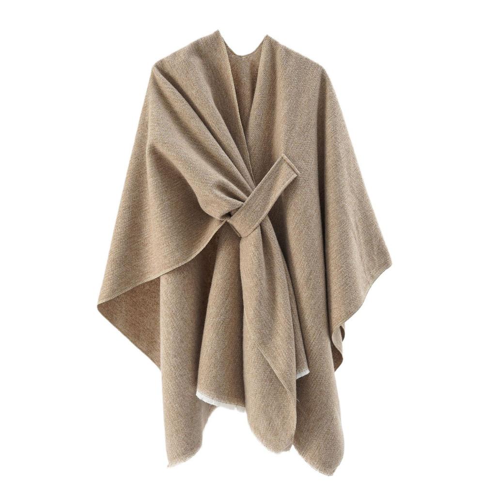 European and American Style Women's Fashion Shawl Knitted Solid Color Pashmina Split Tie Cape Autumn and Winter Warm Scarf