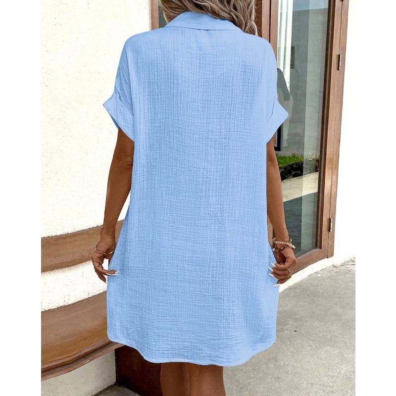 Fashion Short Sleeve Women Summer Shirt Dress New Elegant Lapel Loose Plus Size Simple Button Casual Party Dresses Single Breasted Women's Clothing