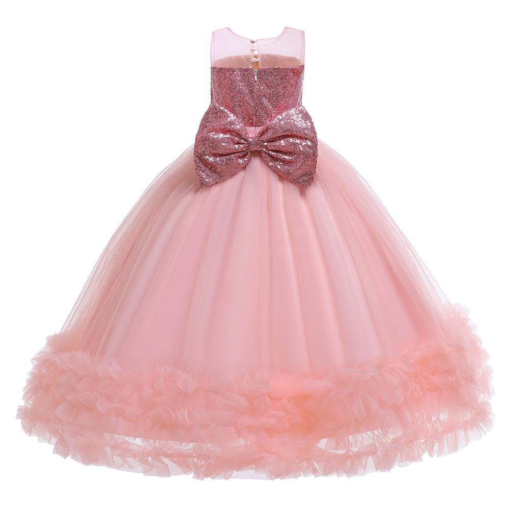 Girls Sequins Tulle Dress Sleeveless Bowknot Birthday Prom Princess Wedding Pageant Communion Party Long Ball Gown