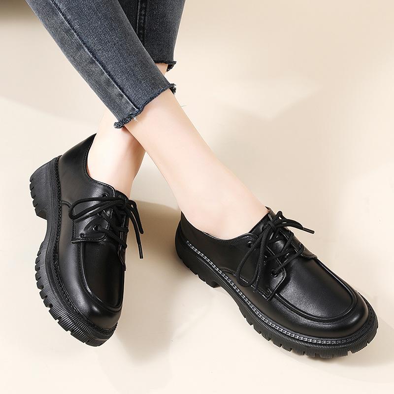 Leather Women's Shoes Lace-up Black Platform Soft-soled Single Shoes Small Leather Shoes Children