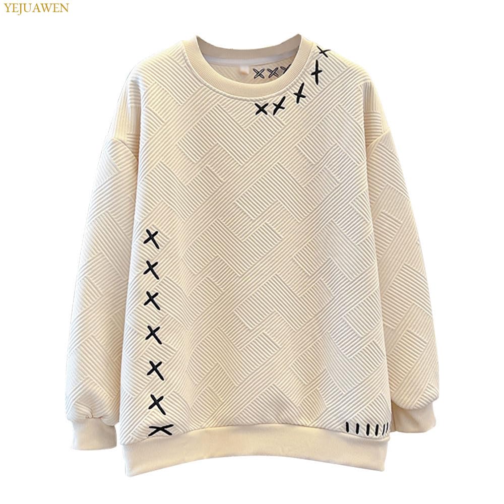 YEJUAWEN Long Round Plus Loose Korean Solid WEN034 Women's Sweatshirt, Sleeve, Neck, Pullover, Embroidered, Sizes, Fit, Style, Casual, Simple, Color,