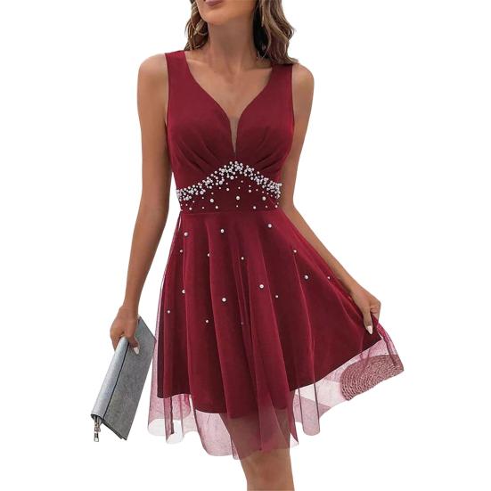 Женское вечернее платье с V-образным вырезом без рукавов из искусственного жемчуга А-силуэта Двухслойная сетка Узкая с высокой талией Сплошное цветное бальное платье для выпускного вечера Мини-платье