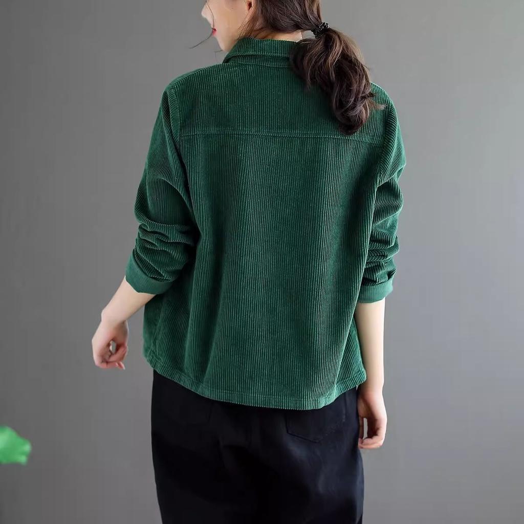 Женская вельветовая однотонная куртка с длинным рукавом, короткая, свободного кроя, в стиле ретро, повседневная, рубчатый топ для весны и осени