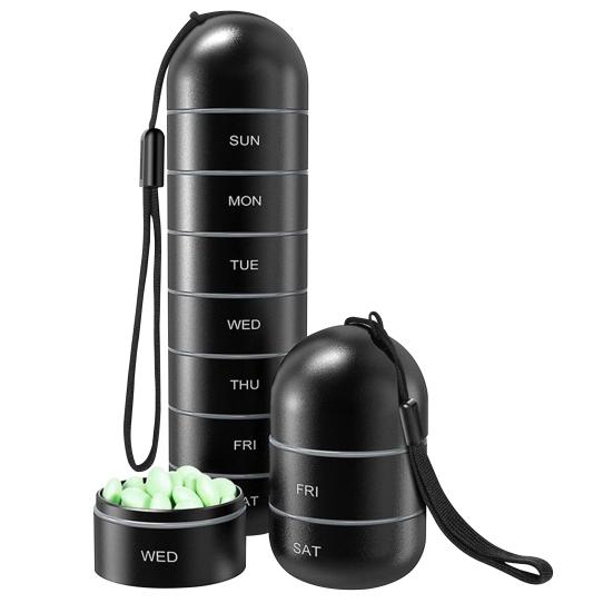 One Week Pill Box Letter Printed with Hanging Rope Large Metal 7 Day Daily Pill Case Container Daily Use