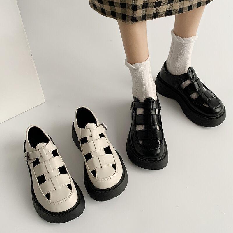 Тканые полые римские сандалии, женские туфли с ремешком в клетку, обувь с большим носком, Mori Department, британские ретро одиночные туфли, повседневная дышащая толстая подошва
