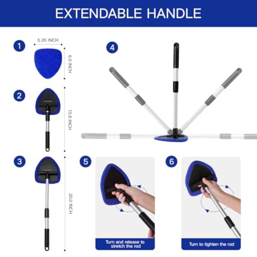 11pcs Windshield Cleaner Tool, Car Window Cleaning Wash Kit with 6 Reusable Microfiber Pads 2 Spray Bottles and Extendable Hand