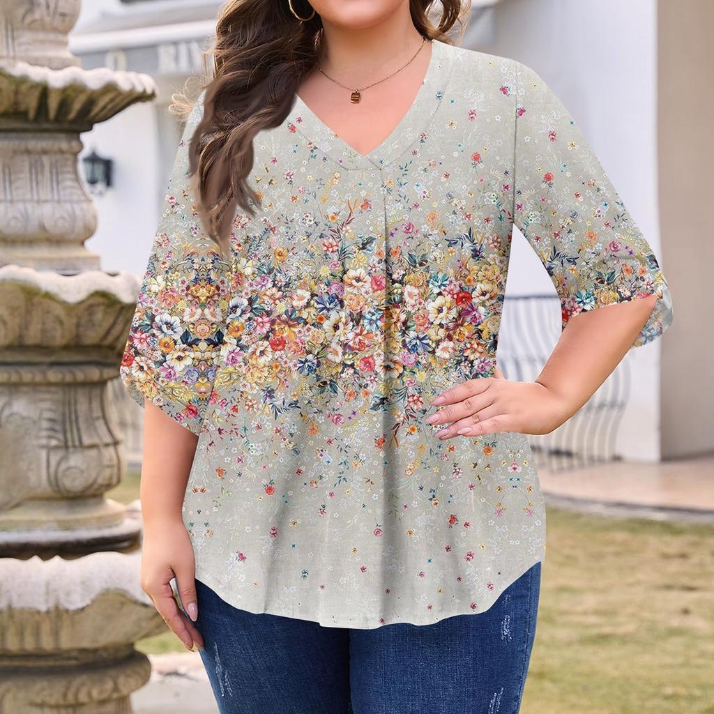 Women's Fashion Large Size Printed V-Neck Three-quarter Sleeve Top