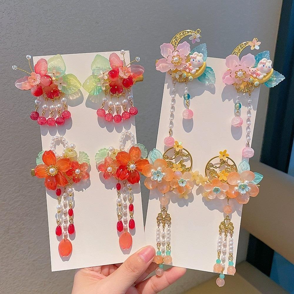 1 Pair Floral Tassel Pearl Bunny Hair Clips Vibrant Color Fairy Hairpins Hanfu Hair Clips Festival