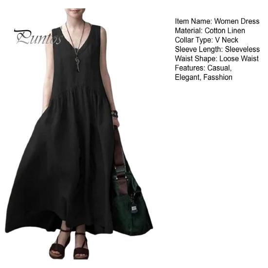 Женское летнее хлопковое льняное платье макси, повседневное платье-майка без рукавов с V-образным вырезом, струящийся пляжный плиссированный сарафан