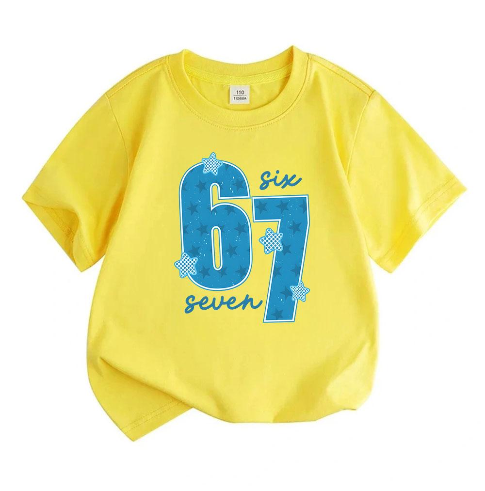 Kids Boys Girls 100% Cotton Crew Neck Short Sleeve T-Shirt, Casual Blue 67 Print Star Pattern Soft Breathable Summer Tee for Daily Wear School Holiday