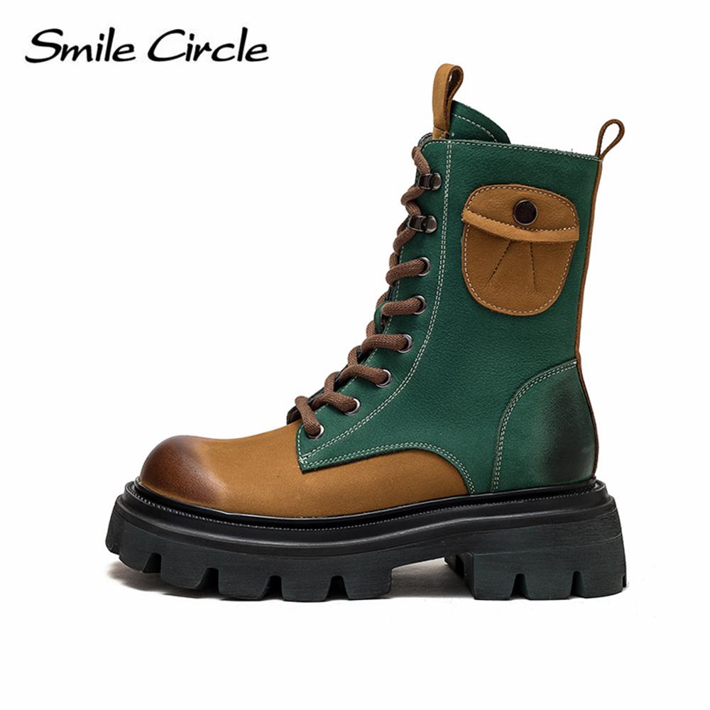 Женские ботинки из натуральной кожи на массивном каблуке, цветные сапоги с высоким берцем и толстой подошвой, модные повседневные женские мотоциклетные ботинки