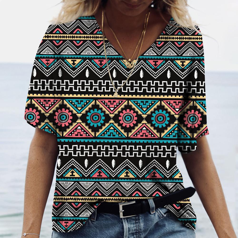Летние футболки с 3D принтом в этническом стиле, женская модная винтажная уличная футболка с коротким рукавом и v-образным вырезом, футболки, топы, женская одежда